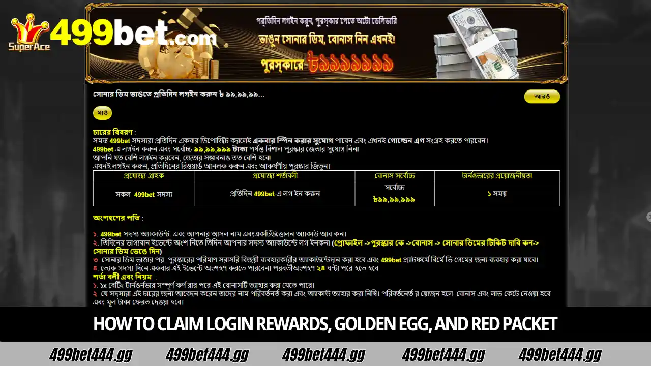 499bet Login Rewards, Golden Egg, and Red Packet – প্রতিদিন লগইন করে জিতুন ৯,৯৯৯,৯৯৯৳ 2 কীভাবে আপনার গোল্ডেন এগ এবং রেড প্যাকেট দাবি করবেন