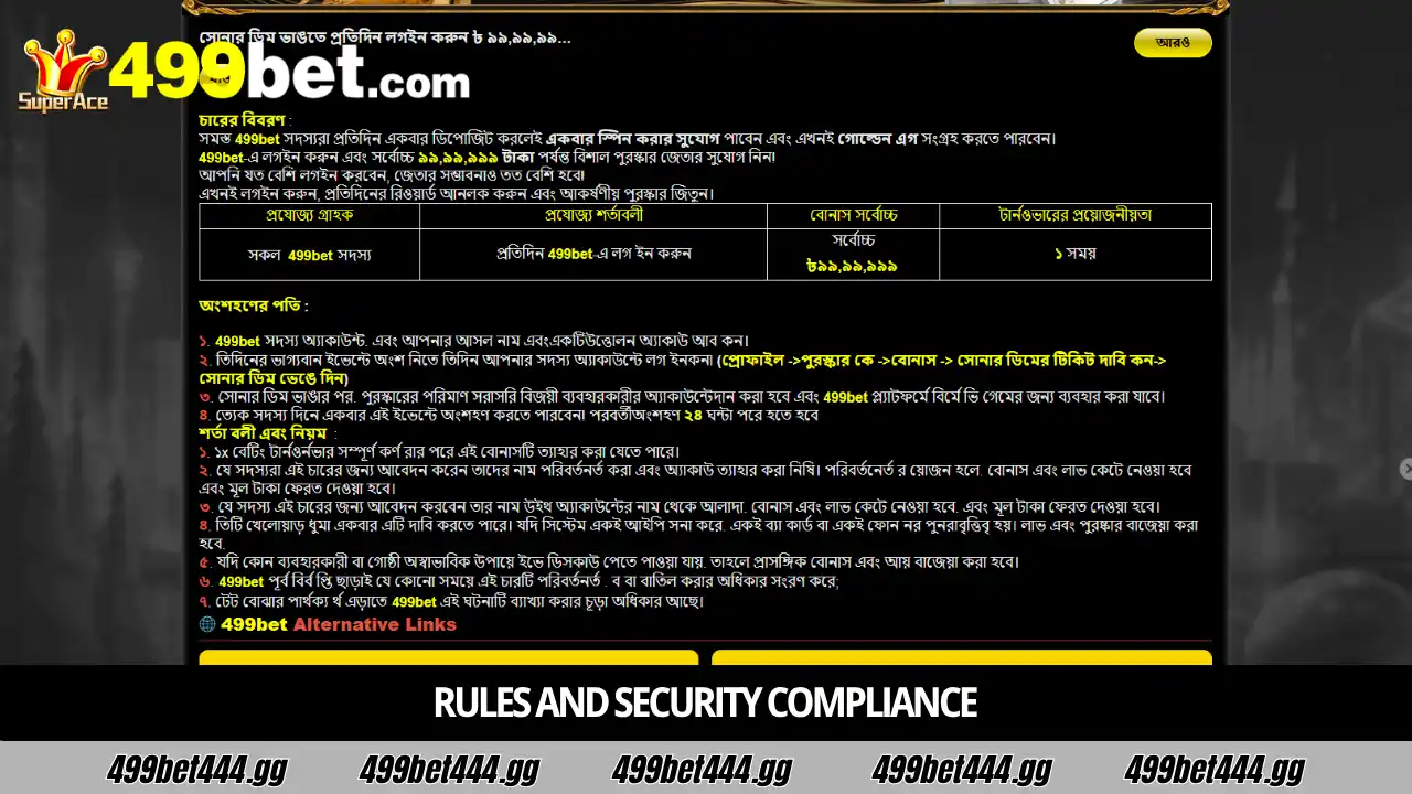 499bet Login Rewards, Golden Egg, and Red Packet – প্রতিদিন লগইন করে জিতুন ৯,৯৯৯,৯৯৯৳ 3 নিয়মাবলী এবং নিরাপত্তা কমপ্লায়েন্স
